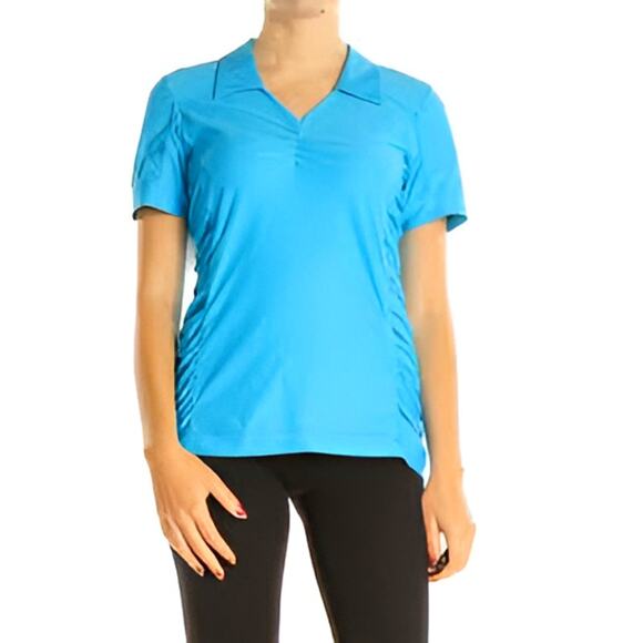 Athleta Birdie Ruched Short Sleeve Collared Golf Polo Shirt Blue Size XL - Picture 1 of 8